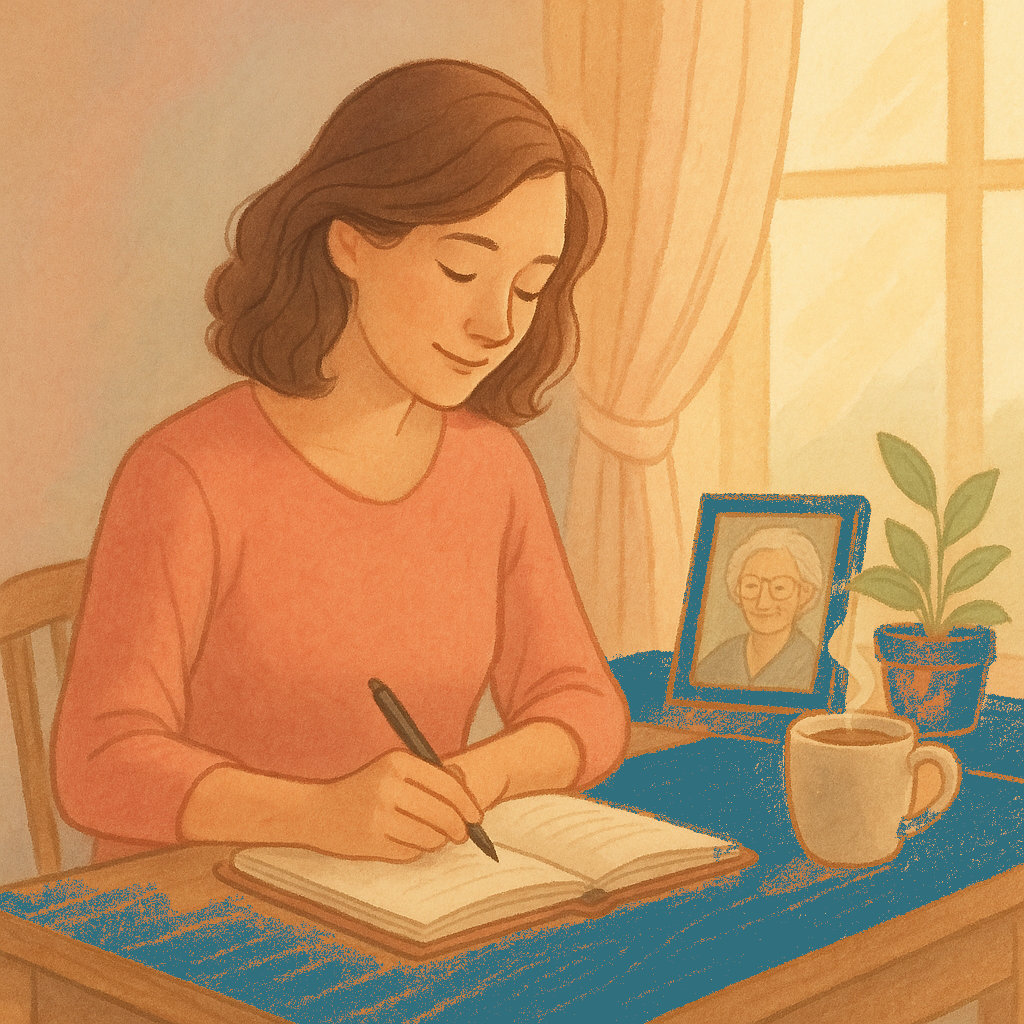 Sandra writing reflections at her desk beside a photo of Grandma Vivian—illustrating her journey to sustained happiness.