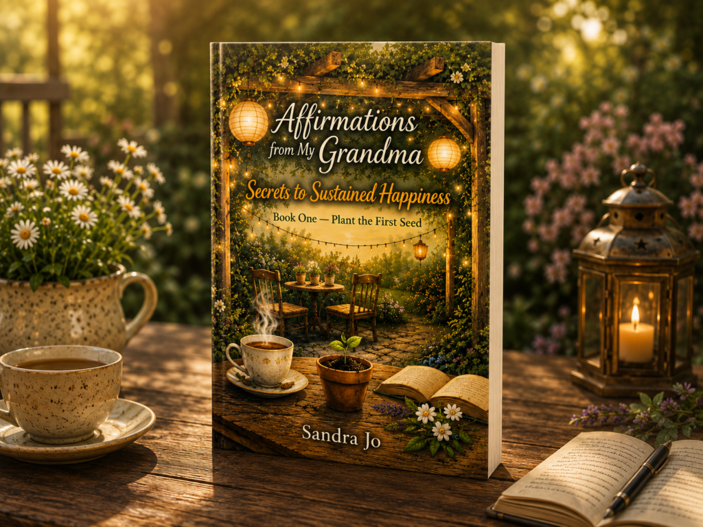 3D book mockup of Affirmations from My Grandma: Secrets to Sustained Happiness by Sandra Jo on a garden table